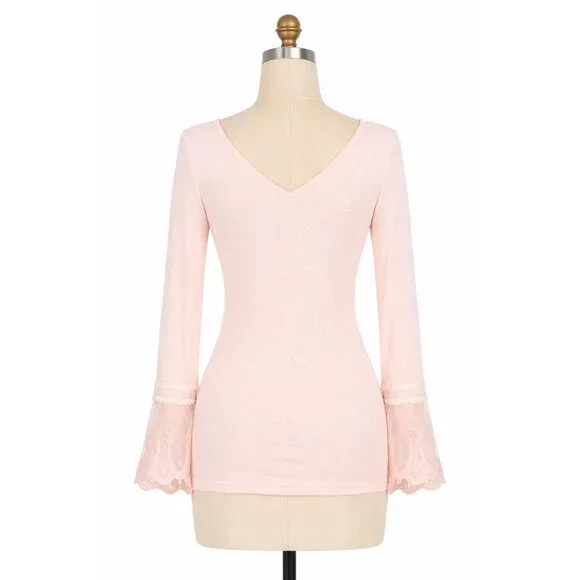 NWT Pale Pink Lace Bell Sleeve V-Neck Top | Balletcore Soft Girl Coquette Boho S - Picture 6 of 9